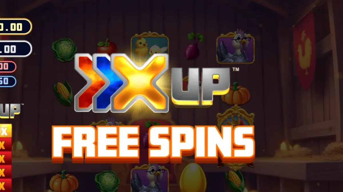Interface do jogo de slot Rey Gallo X UP com elementos rurais e multiplicadores